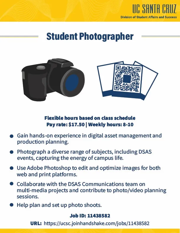 Handshake job flyer for a Student Photographer position with the Division of Student Affairs and Success