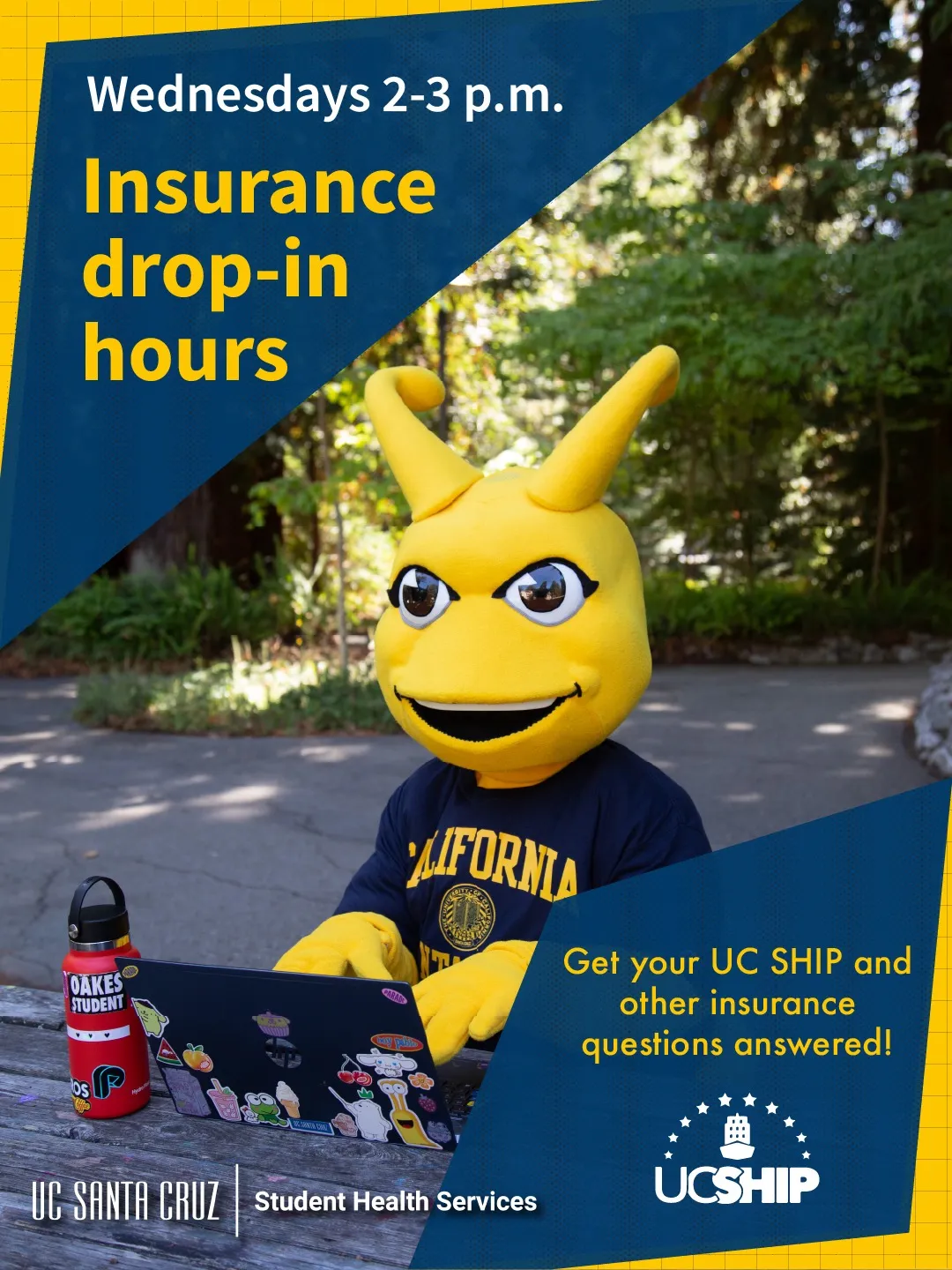 Student Health Services Instagram post: Insurance drop-in hours, Wednesdays 2-3 p.m., with Sammy the Slug at a laptop